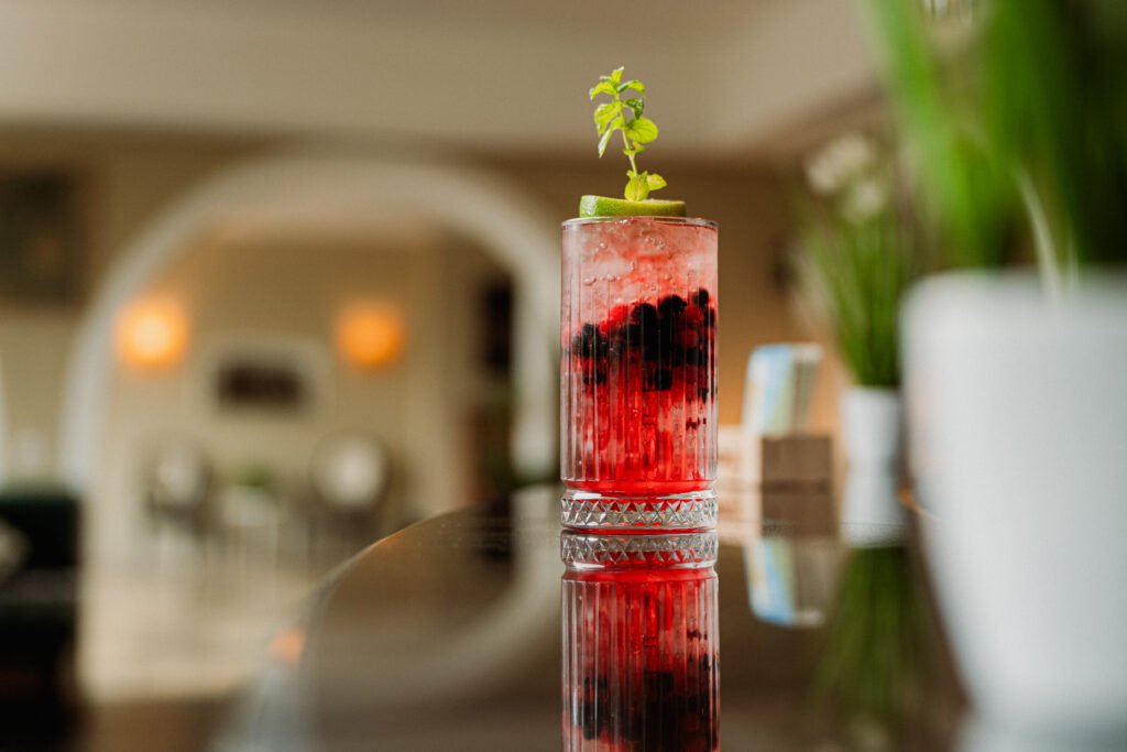 Roter Longdrink mit Beeren und Minze an der Bar des Hotel Schwarzwald in Freudenstadt